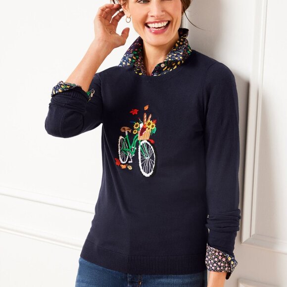 Talbots 2X Bicycle Jacquard Crewneck Pullover Sweater Navy Blue Fall Picnic - Picture 1 of 11